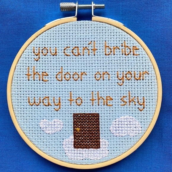 Harry Styles Sign of the Times Bribe the Door 4-inch Wooden-Framed Cross Stitch - Picture 3 of 5